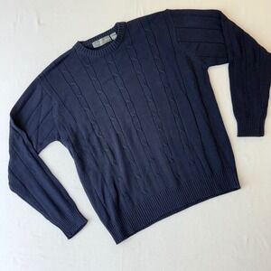 Oscar de la Renta Mens XL Navy Blue Cotton Cable Knit Crewneck Sweater